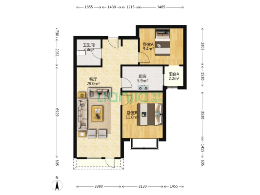 香邑溪谷一期  全南两居室 看房提前联系-户型图