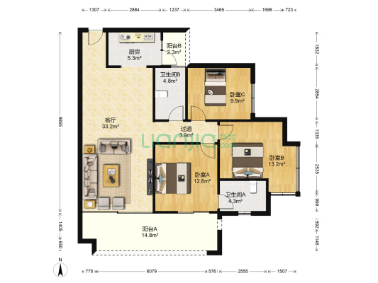 蔚蓝郡 3室1厅2卫 122平方