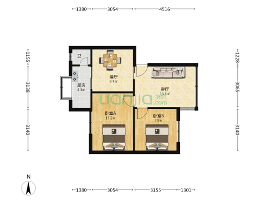 云南省农垦石油公司职工宿舍区 2室2厅1卫 62平方