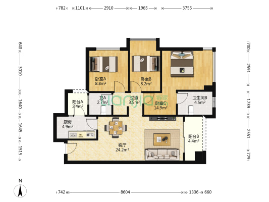 万科金开悦府绣悦 3室1厅2卫 95平方