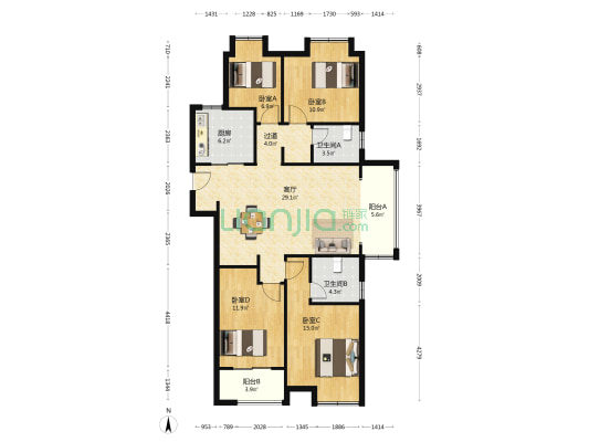 清能清江锦城玥园 4室1厅2卫 135平方