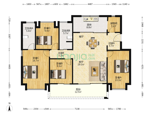 美的·云筑 4室1厅2卫 142平方