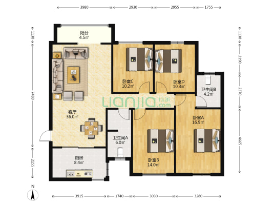红星紫檀溪苑 4室1厅2卫 135平方