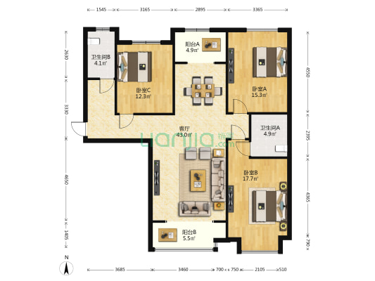 广电新景 3室1厅2卫 145平方