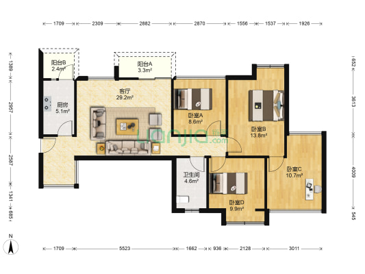 龙湖三千里B区二期 4室1厅1卫 96平方