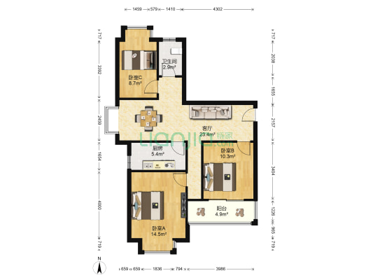 红谷春晖园 3室1厅1卫 93平方