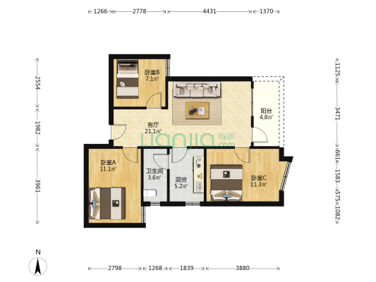 新华路2号 3室1厅1卫 74平方