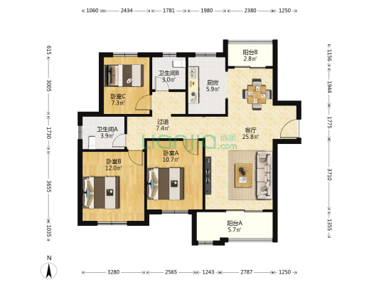 白沙西苑 3室1厅2卫 117平方