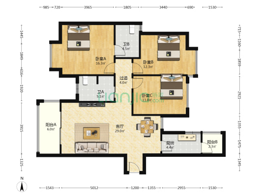 溪桥苑小区一期 3室1厅2卫 122平方