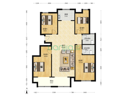 广源小区 4室1厅2卫 142平方