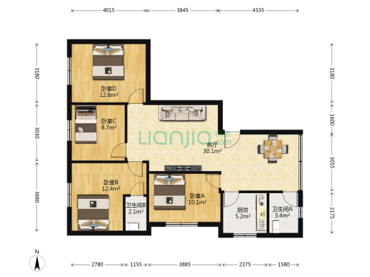 平安小区 4室1厅2卫 120平方