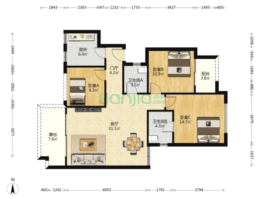 中渝滨江壹号B区 3室1厅2卫 105平方