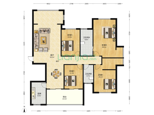 中庚红鼎天下东区 4室1厅2卫 180平方
