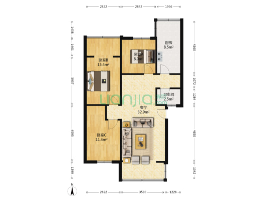 大观里1号 3室1厅1卫 91平方