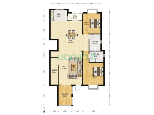 云锡奥城 3室2厅2卫 144平方