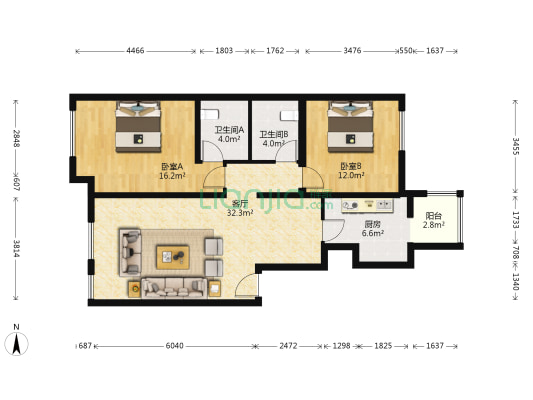 博悦府 2室1厅2卫 100平方