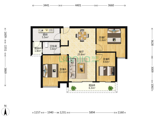 茶山睿峰园 3室1厅1卫 97平方
