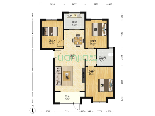 天洲视界城A区 3室1厅1卫 121平方