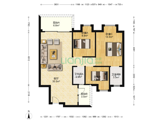 丽豪花园 3室1厅2卫 95平方