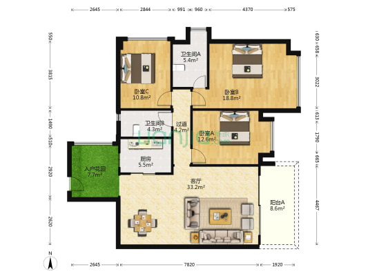 天马河壹号 3室1厅2卫 125平方