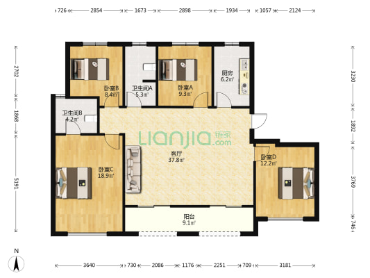 锦艺四季城香枫苑 4室1厅2卫 140平方