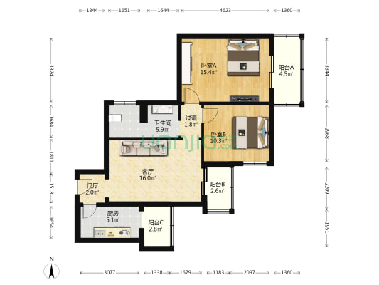 三里河二区A区 2室1厅1卫 87平方