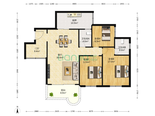 华夏城二区 3室1厅2卫 138平方