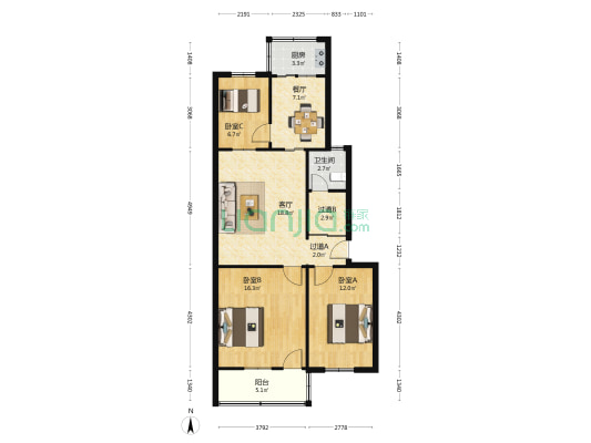 国税公寓 3室2厅1卫 90平方