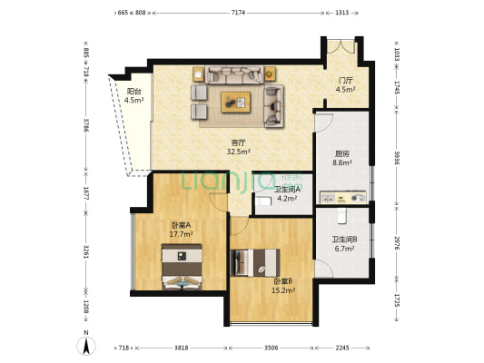东海国际公寓 2室1厅2卫 140平方