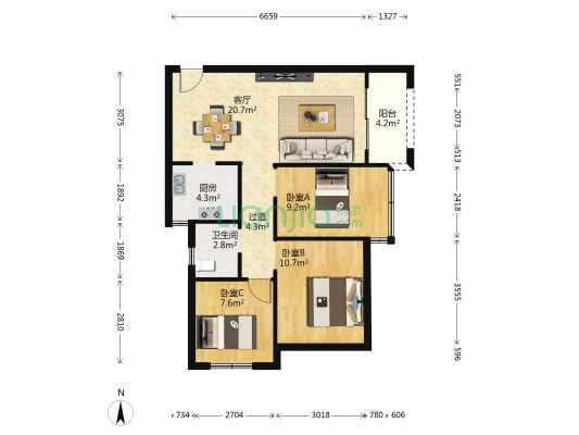 景悦城3号院 3室1厅1卫 87平方