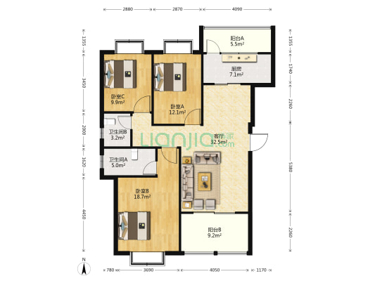 昆明恒大华侨城阳宗海 3室1厅2卫 121平方