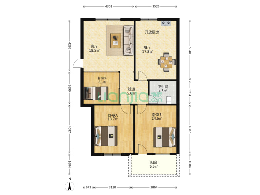 省粮油物资单位宿舍 3室2厅1卫 102平方