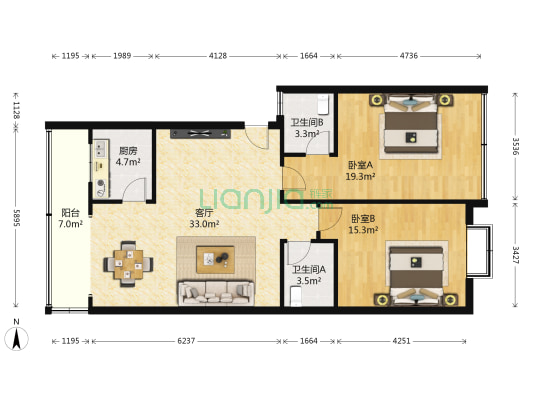 东坡苑 2室1厅2卫 95平方