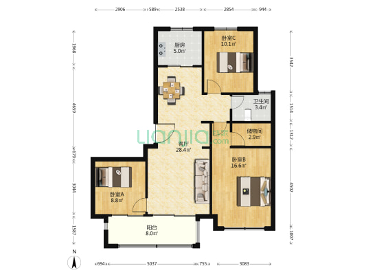 珑湾花苑二期 3室1厅1卫 107平方