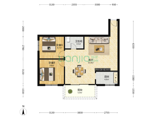 引发花园 2室1厅1卫 76平方