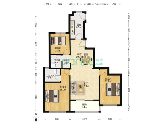 湖畔花园 3室2厅3卫 121平方
