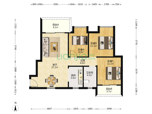 长房地铁银座 3室1厅1卫 106平方