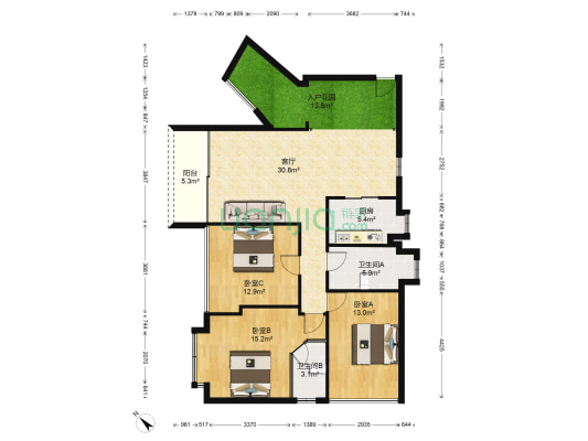新世纪领居C区 3室1厅2卫 104平方