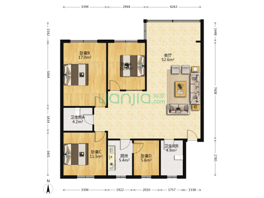 康德大厦 4室1厅2卫 138平方