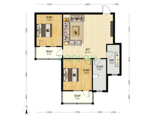 嘉宾小区 2室1厅1卫 95平方