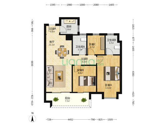 印湖云著 3室1厅2卫 100平方