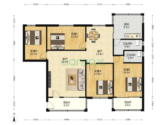 西涌大街2号 4室2厅2卫 132平方