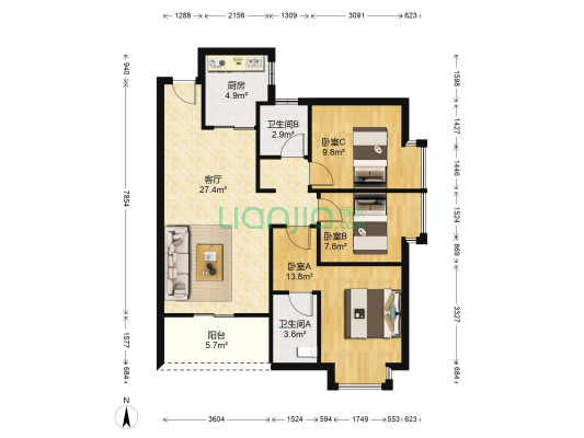 中惠悦湾 3室1厅2卫 98平方