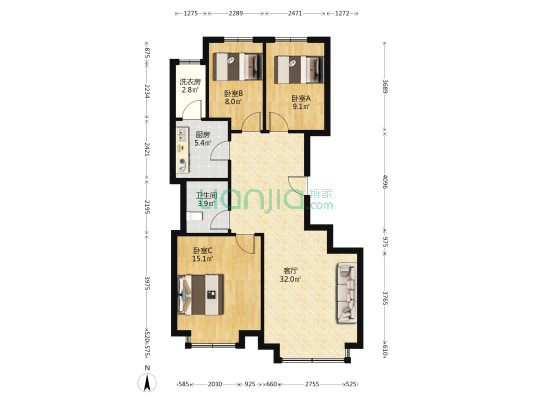 恒大北湖印象 3室1厅1卫 107平方