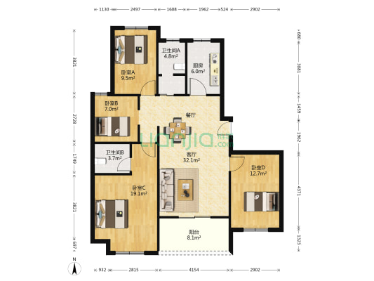 鸿润家园 4室1厅2卫 125平方