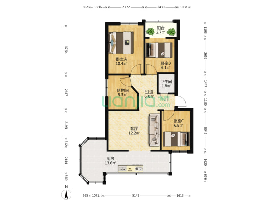 化工研究院宿舍 3室1厅1卫 65平方