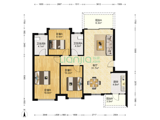 尚上名筑二期 3室1厅2卫 110平方