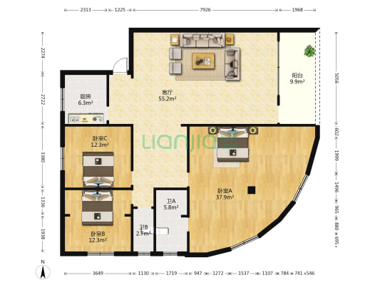 思贤北区 3室1厅2卫 149平方