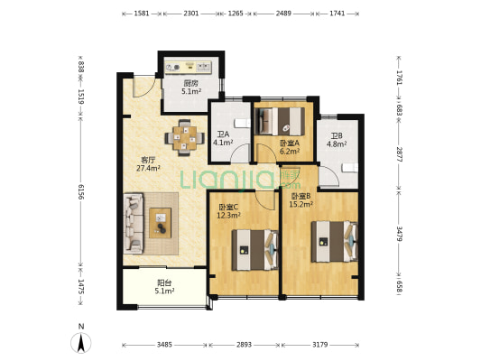 龙湖江与城江与珑府 3室1厅2卫 88平方