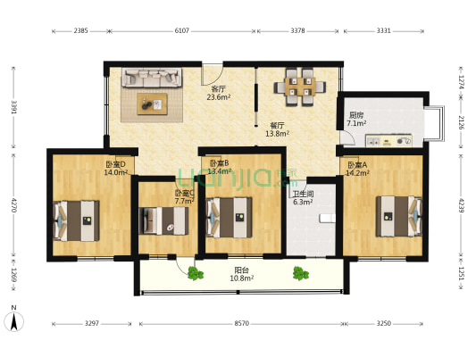 宝塔小区 4室2厅1卫 141平方